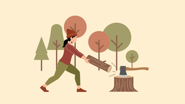 Woman Chopping Wood In The Forest With Minimalist Flat Style And Earthy Tones