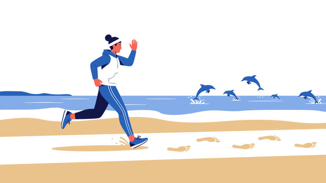 Active Woman Running Along A Beach With Dolphins Jumping Out Of The Ocean