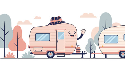 Fototapeta premium Adorable Traveling: Cartoon Trailers On The Road With Happy Face And Summer Hat