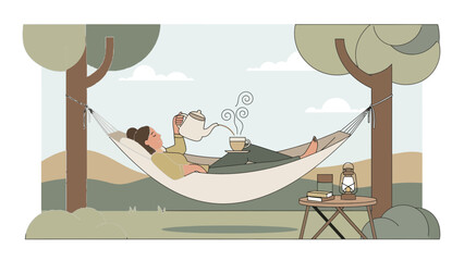 Obraz premium Woman Enjoying A Relaxing Moment Pouring Tea In A Hammock Outdoors