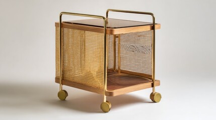 Woven side table cane woven sides, brass framing, wood shelves, and gold wheels