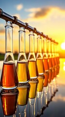 Golden Liquid Energy: Science Flasks Reflecting Sunset