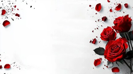 Vibrant Red Roses and Scattered Petals on White Background Illustration with Copy Space