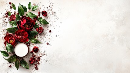 Elegant Red Flowers & Berries with Green Leaves on White Textured Background, Top View