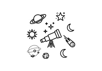 Vector Minimalist Black Outline Space Icons Set with Celestial Bodies and Telescope.