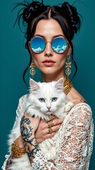 portrait young woman white cat her arms woman wearing white lace dress intricate patterns gold jewelry she has long dark hair styled messy bun wearing large round sunglasses blue lenses cat white