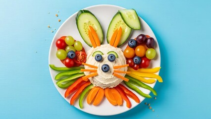 Edible Easter Bunny: A whimsical plate of fresh, colorful vegetables artfully arranged to form a cheerful bunny, inviting both visual delight and a healthy snack.