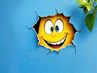 Smiling Cartoon Face Bursting Through Blue Wall, Optimism and Breakthrough Concept