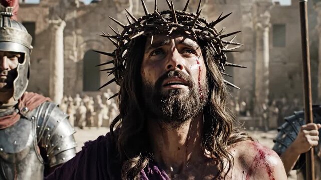 Man with crown of thorns and bloody body led by Roman soldiers, a powerful religious depiction of sacrifice for Easter holiday