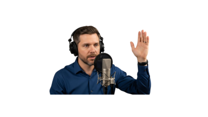 man podcast host recording audio with microphone and headphones