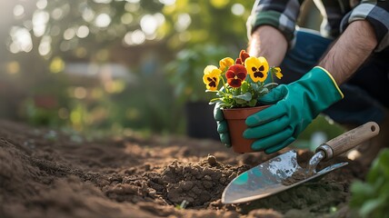 Fototapeta premium Gardener planting a pot of colorful pansies in the garden