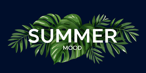 Tropical summer mood with lush monstera leaves and bold text design