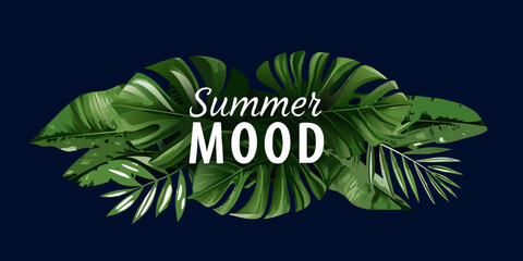 Tropical leaves with summer mood typography on a dark blue background