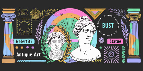 Classical art elements including nefertiti bust columns and geometric shapes design