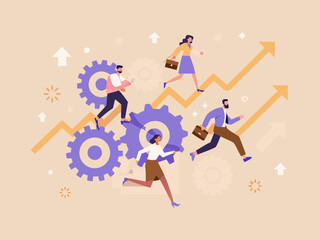 People running towards success with gears and growing graphs representing progress