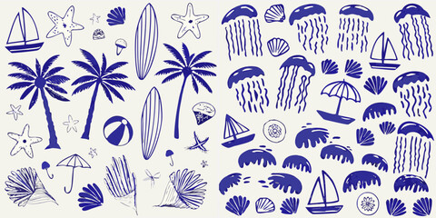 A collection of blue and white hand drawn summer and ocean themed illustrations