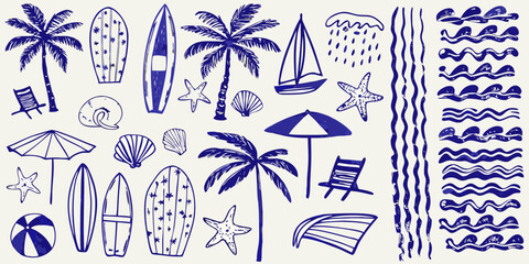 A collection of hand drawn summer and beach themed illustrations in blue