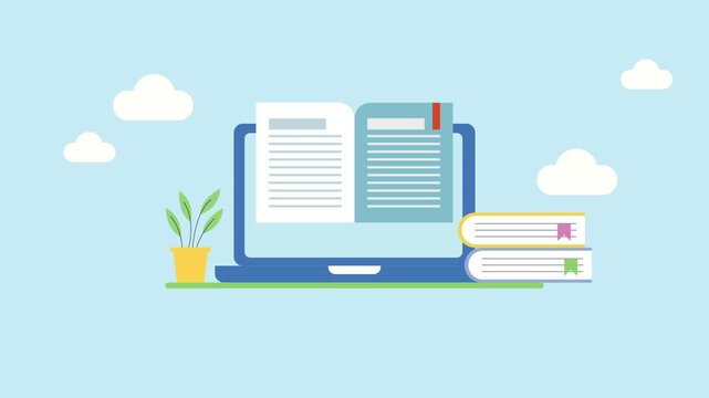 Online education, ebook reading, digital webinar technology, e-learning and digital library, 2d animation video