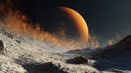 An otherworldly scene of a giant, glowing orb rising above a rocky terrain with celestial fog against a starry night