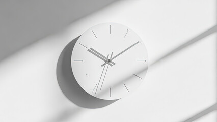 Modern minimalist white wall clock featuring a simple round design with thin black hands and hour markers casting soft shadows on a bright white wall illuminated by natural light