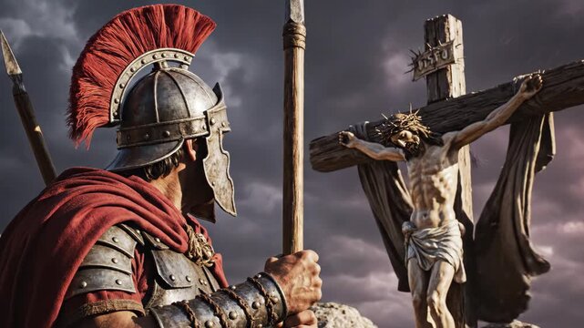 Man in roman soldier armor looking at Jesus on cross during storm. Religious scene of crucifixion for Easter.