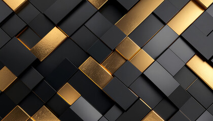Abstract geometric pattern of black and gold cubes with metallic texture, A dynamic arrangement of dark gray and brushed gold rectangular prisms creates a sophisticated, modern background