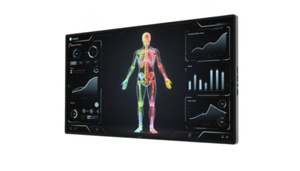 Highresolution 3D digital twin skeleton model showcasing dynamic bone density changes on a large touchscreen dashboard with a sleek dark user interface.