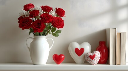 Bouquet of red roses in a white ceramic vase stands near red heart ornaments on a shelf against a white wall for Valentine's Day.