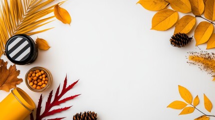 Autumn Fall Background Frame with Golden Leaves, Pine Cones and Copy Space