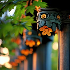 Ornate Carved Lantern with Floral Design and Warm Evening Light Filtering Through Leaves