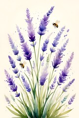 Naklejka premium Beautiful lavender flowers with bees in watercolor style