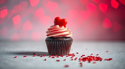 Chocolate cupcake with pink frosting and red heart topper.