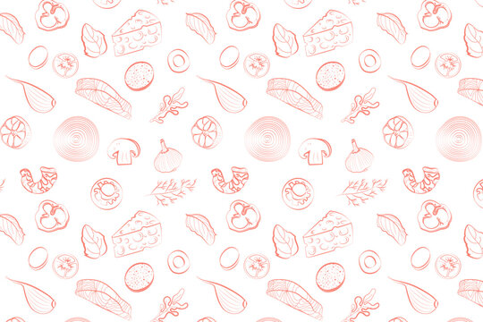 Seamless pattern featuring delicate pink line art illustrations of pizza ingredients like cheese, salmon, and vegetables on a white background. Elegant minimalist food background.