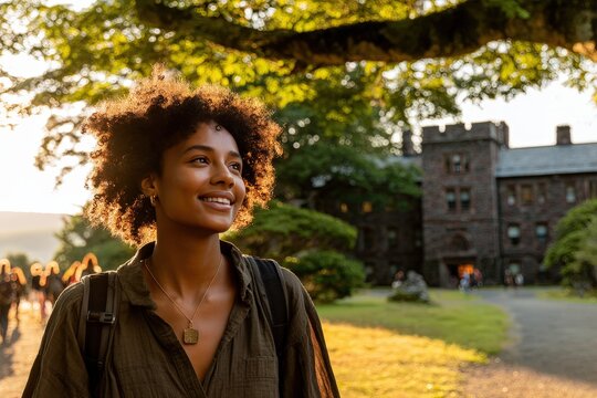 Smiling young Black woman walking on university campus path during golden hour