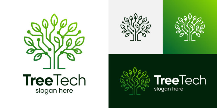 Creative tree tech logo design illustration. Inspiration vector symbol abstract tree with technology system connections design template