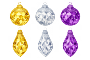 Set of shiny golden, silver, and bold purple faceted christmas baubles and teardrop ornaments, perfect for festive seasonal designs