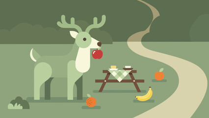 Fototapeta premium Whimsical Deer Enjoys Peaceful Picnic In Verdant Setting With Picnic Table