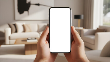 Hand holding mobile smartphone with blank white screen mockup in modern living room interior background for app design presentation website display copy space branding marketing
