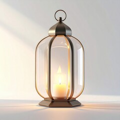 Beautiful glass and metal lantern with Page candle inside, softly lit and illuminated, on a white surface with subtle shadows, creating a warm and cozy ambiance in a serene environment.