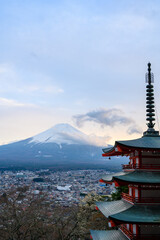 View of the Chureito Pagoda and Mount Fuji landscapes at sunset. Beautiful landscapes, Mount Fujisan view in Arakurayama Sengen Park in Japan.