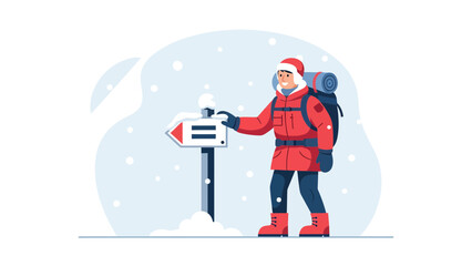 Winter Adventure Hiker Exploring Snowy Mountains Landscape With Backpack And Signpost