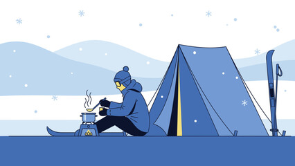 Winter Adventure Illustration of a Person Camping and Cooking in Snowy Mountains