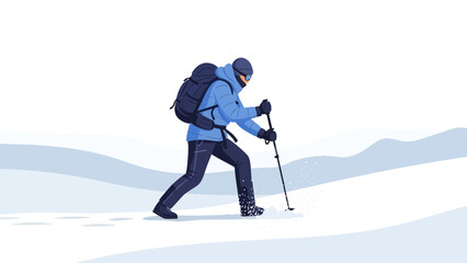 Winter Adventure Man Trekking Through Snow With Backpack And Walking Sticks