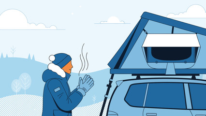 Winter Adventure Warming Hands By Vehicle Car Rooftop Tent In Snowy Landscape