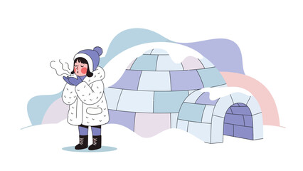 Winter Adventures In Arctic Landscape Featuring Girl Warming Hands Near Igloo