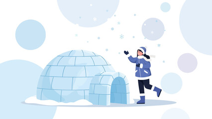 Winter Adventures Young Woman Playing Around An Igloo On A Snowy Day