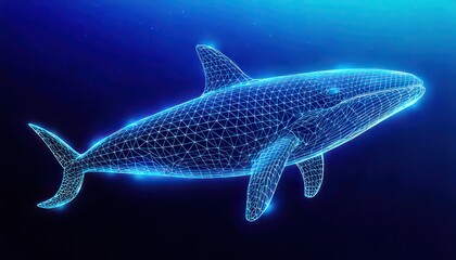Fototapeta premium Digital Whale Illustration - A Stunning Blue Holographic Representation in the Deep Ocean.