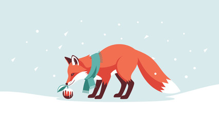 Winter Fox With Scarf And Holiday Pudding In Snowy Landscape Design