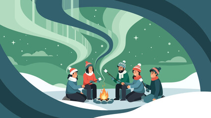 Winter Friends Gathering Around Bonfire Under Aurora Borealis Illustration