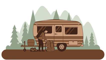 Vintage Camper Adventure Preparing For Nature Escape During Outdoor Recreation
